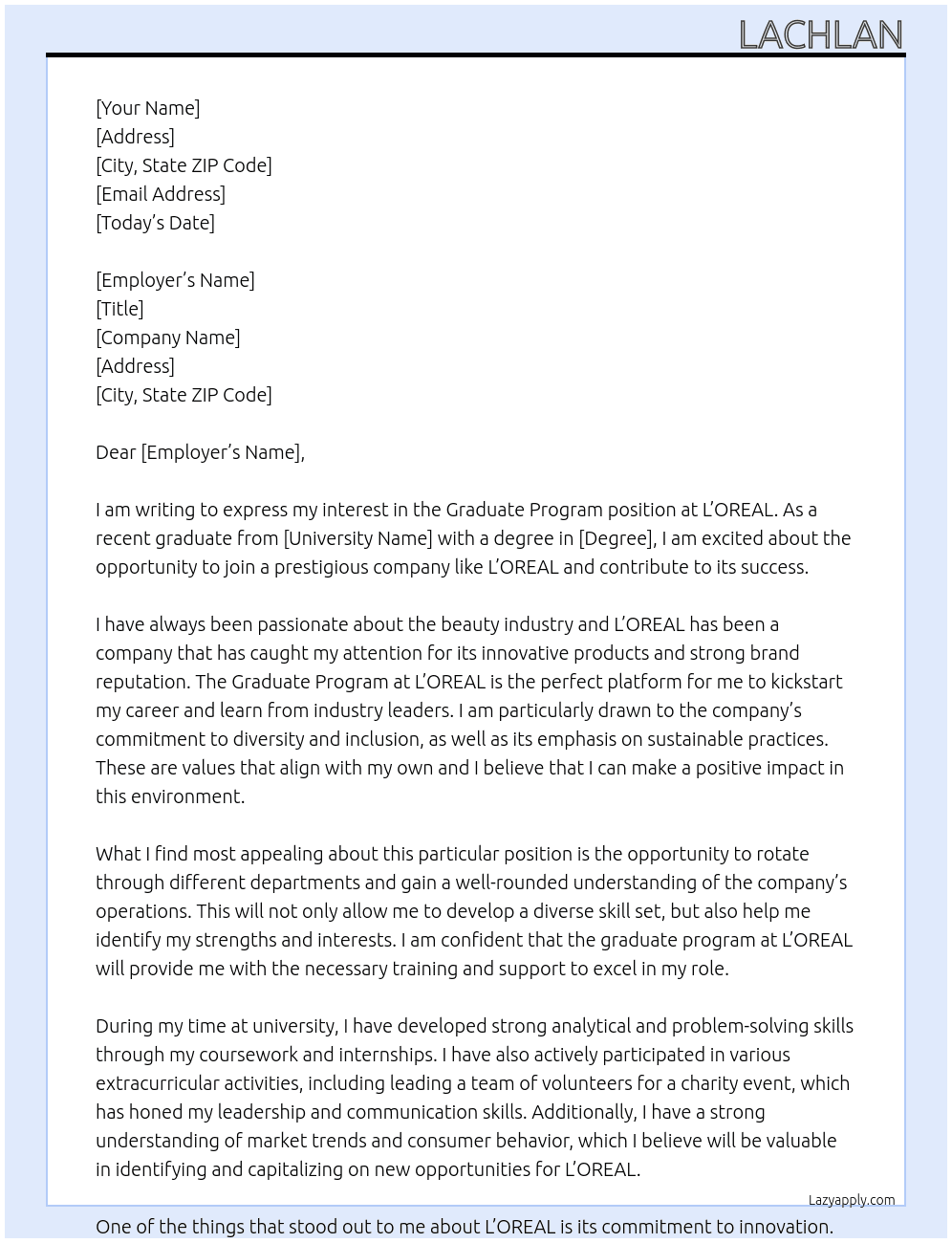 Graduate Program At L'OREAL Cover Letter