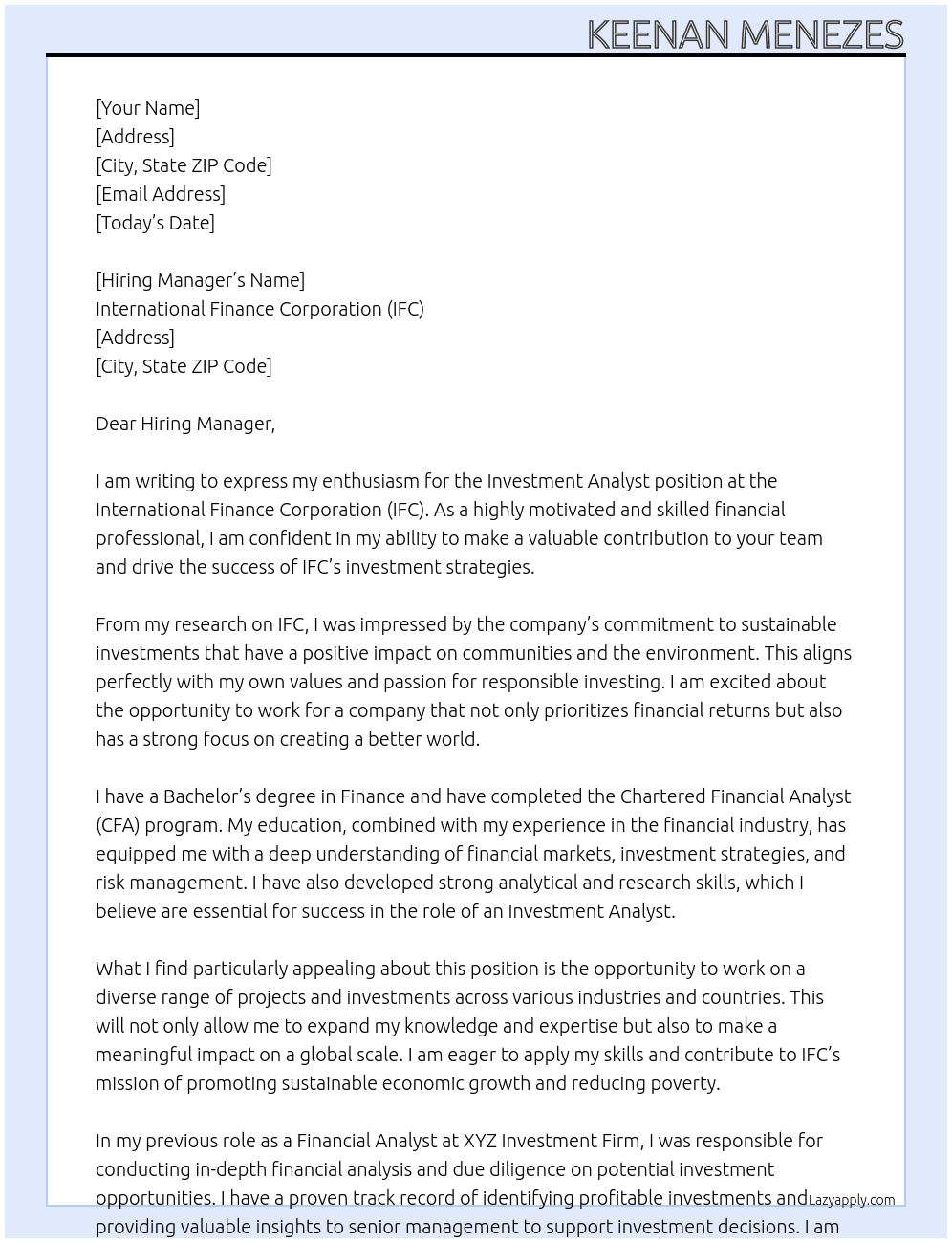 Investment Analyst At International Finance Corporation (IFC) Cover Letter