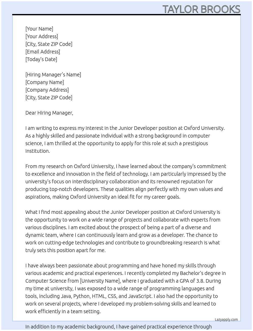 Junior Developer At Oxford University Cover Letter