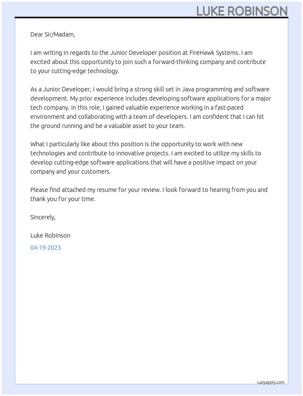 Junior Developer At FireHawk Systems Cover Letter
