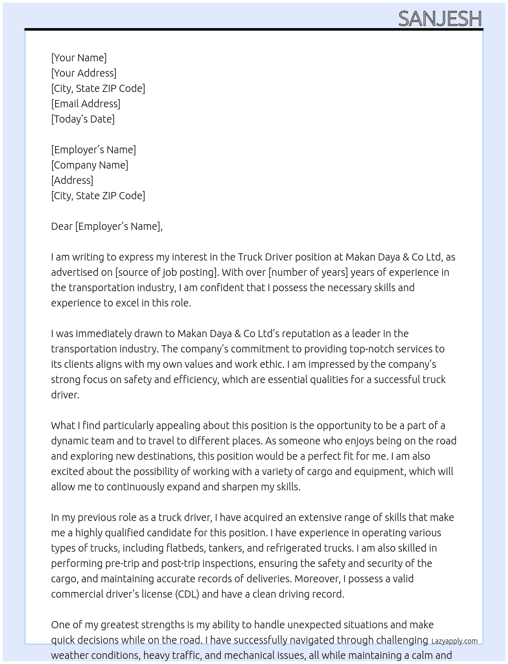 truck driver At Makan Daya & Co Ltd Cover Letter