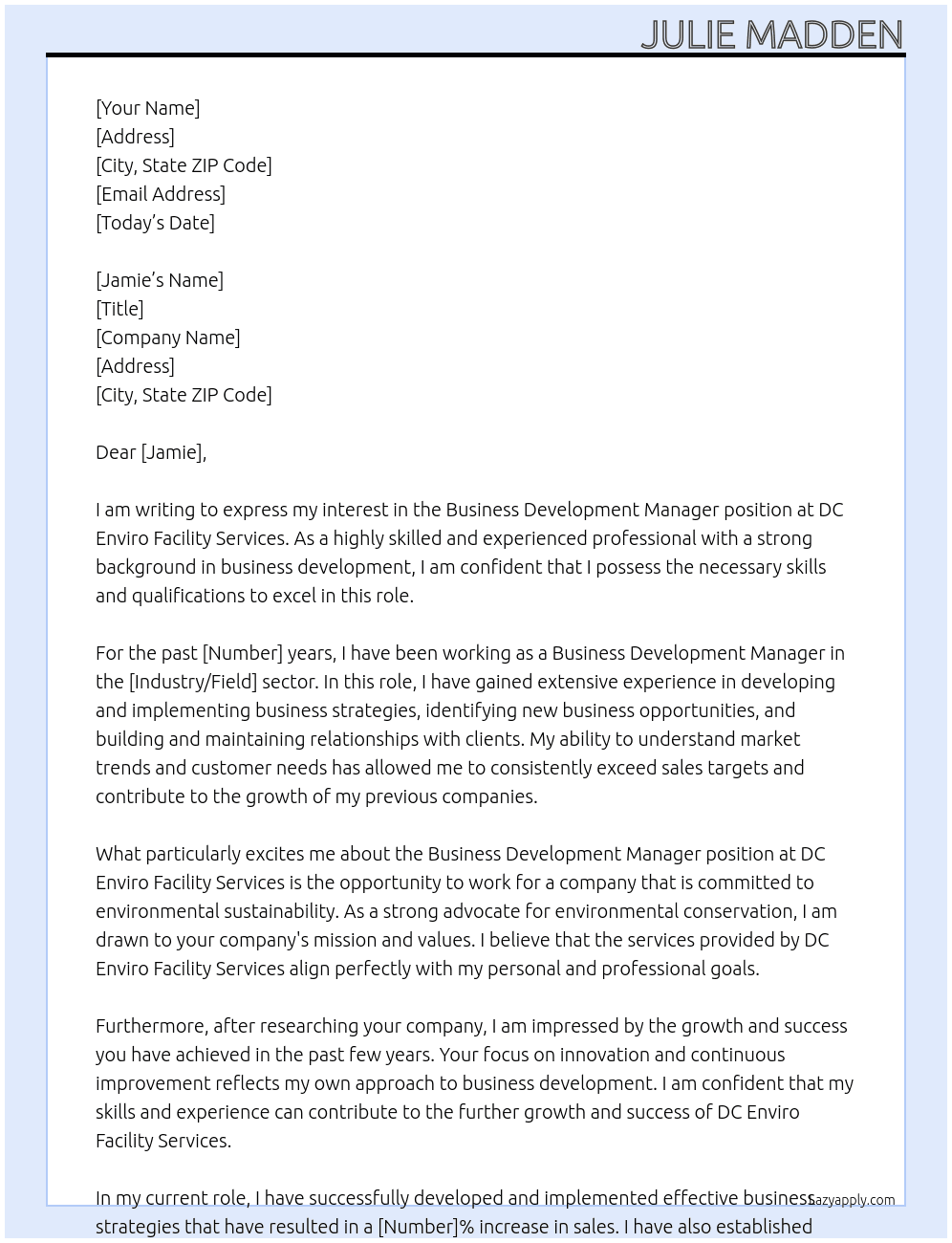 Business development manager At DC Enviro Facility Services Cover Letter