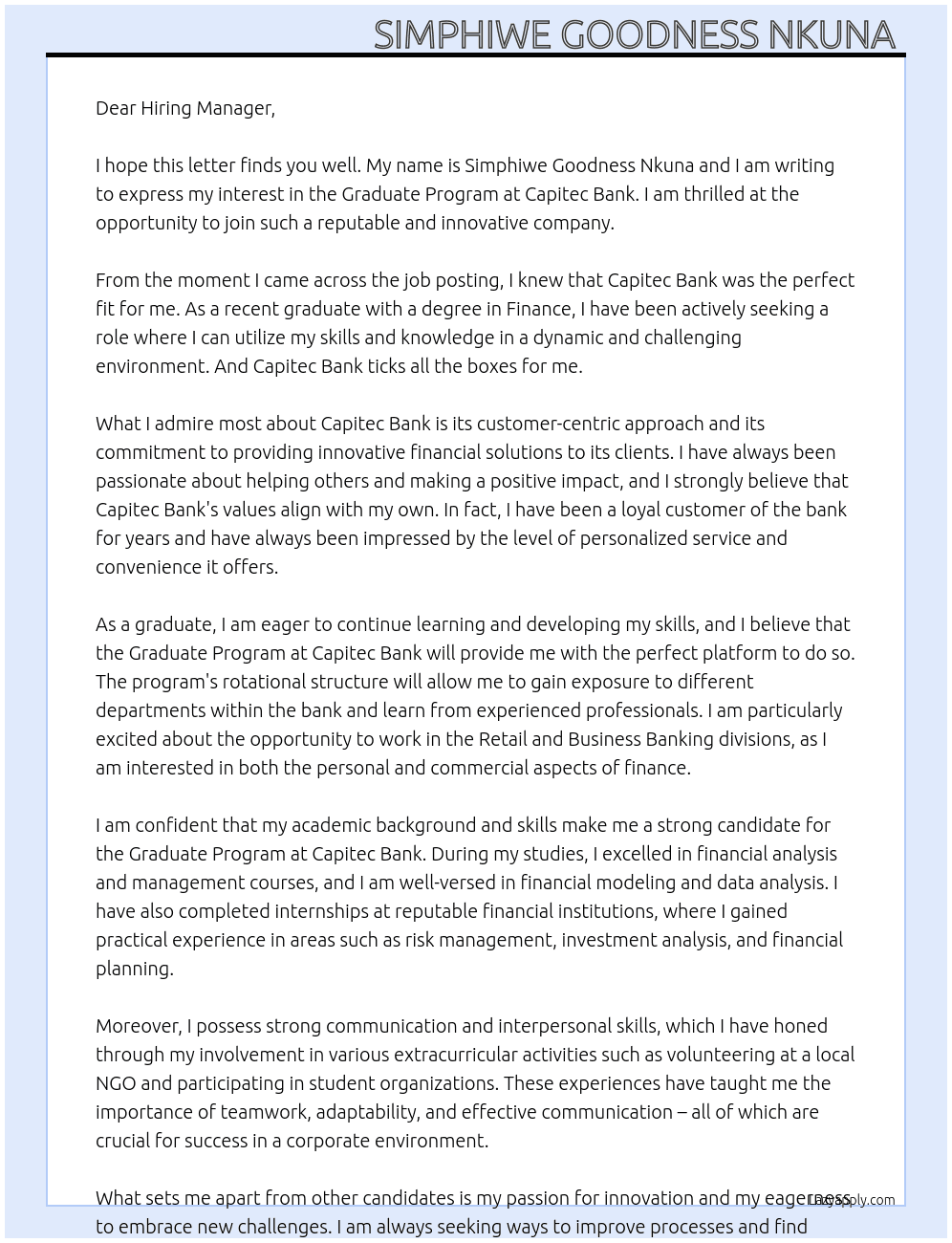 Graduate program At Capitec Bank Cover Letter