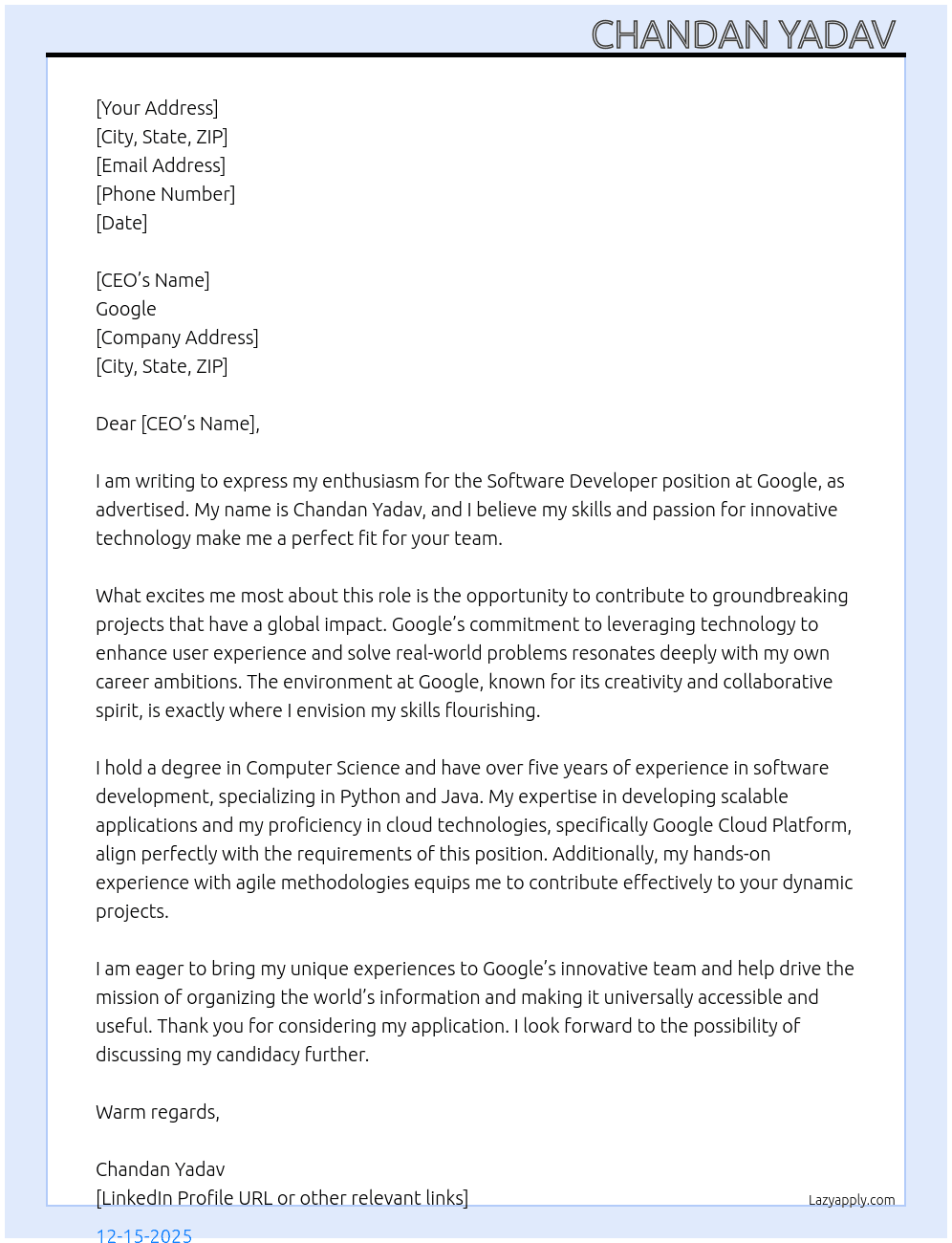 Software developer At Google Cover Letter