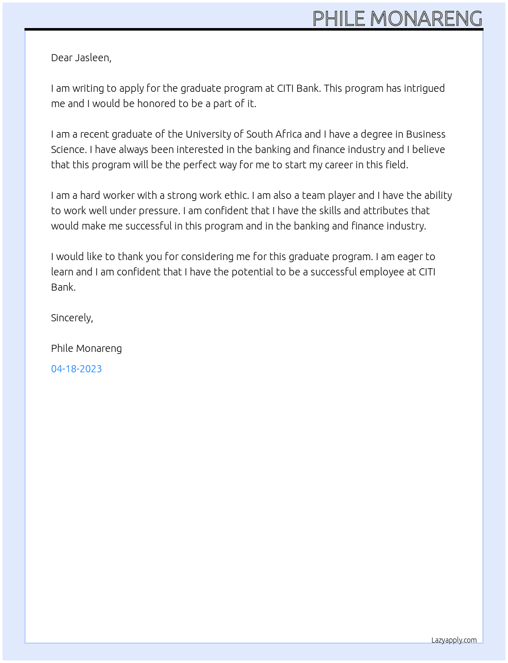 Graduate program At CITI Bank Cover Letter