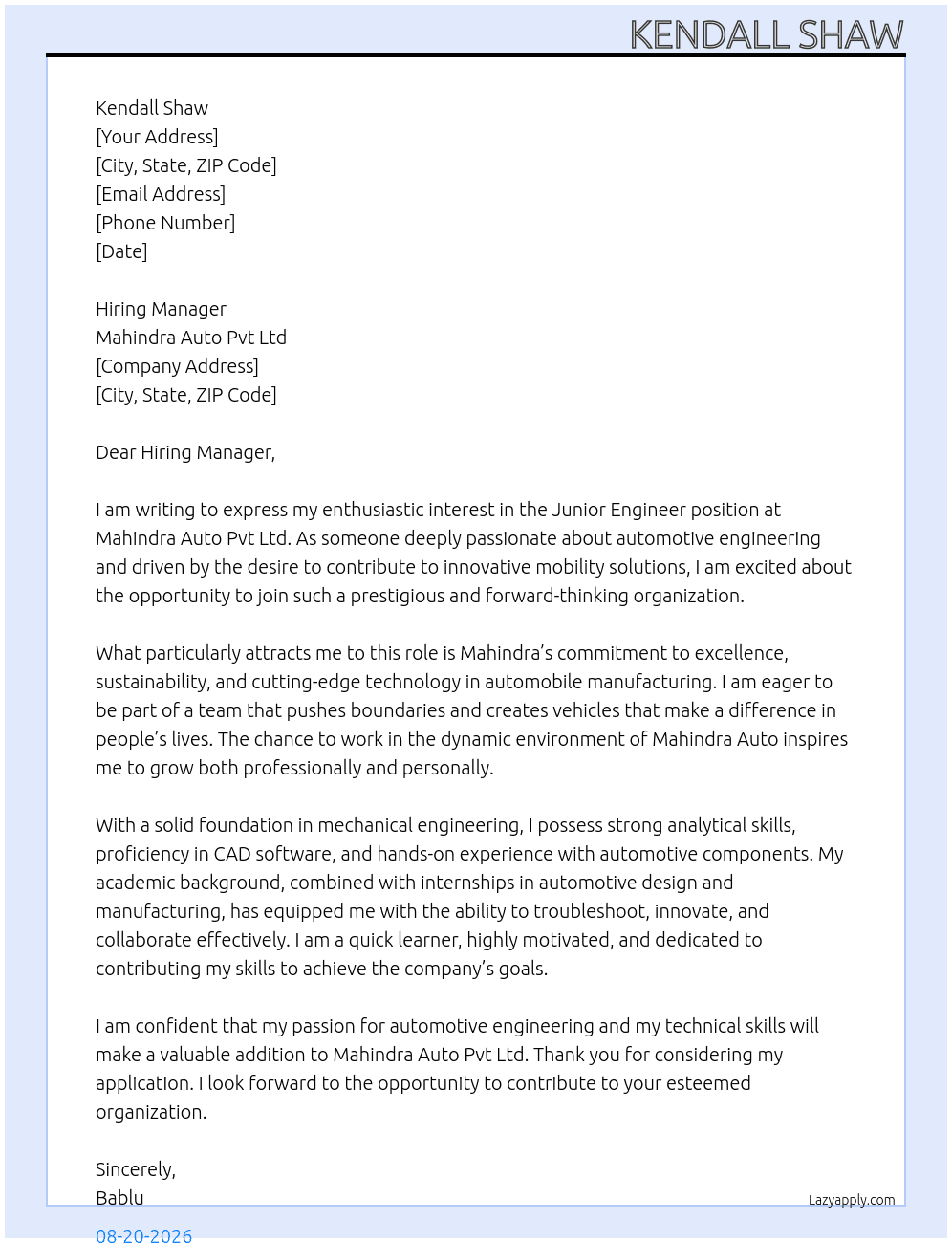 Cover letter for junior engineer - LazyApply