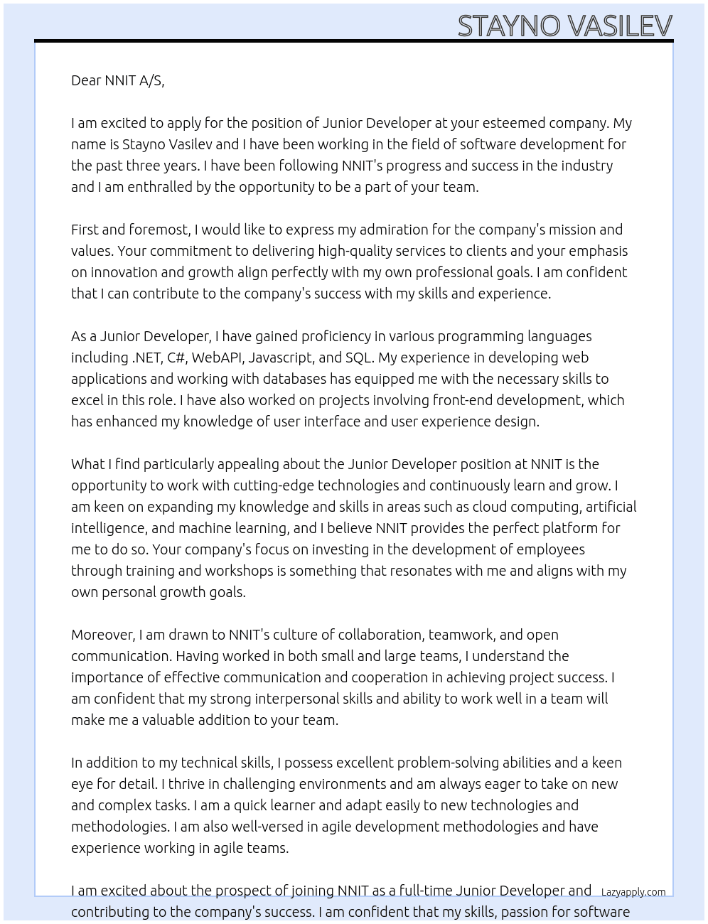 Junior Developer At NNIT A/S Cover Letter