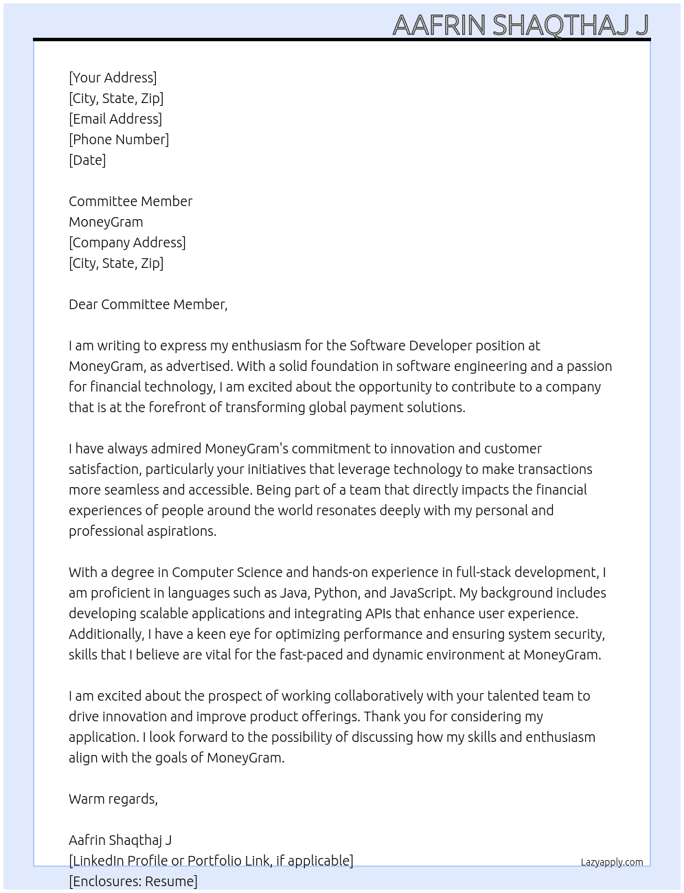 Software Developer At Moneygram Cover Letter