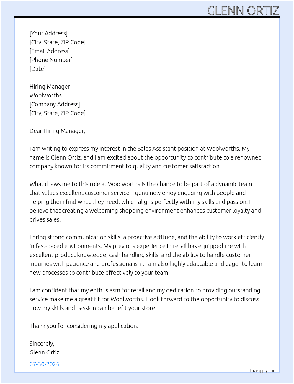 sales assistant At woolworths Cover Letter