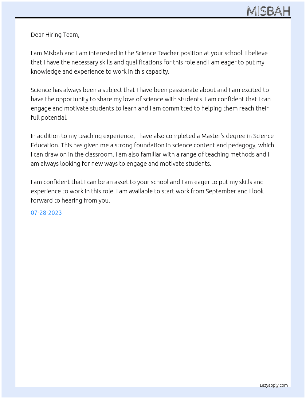 Science Teacher At School Cover Letter