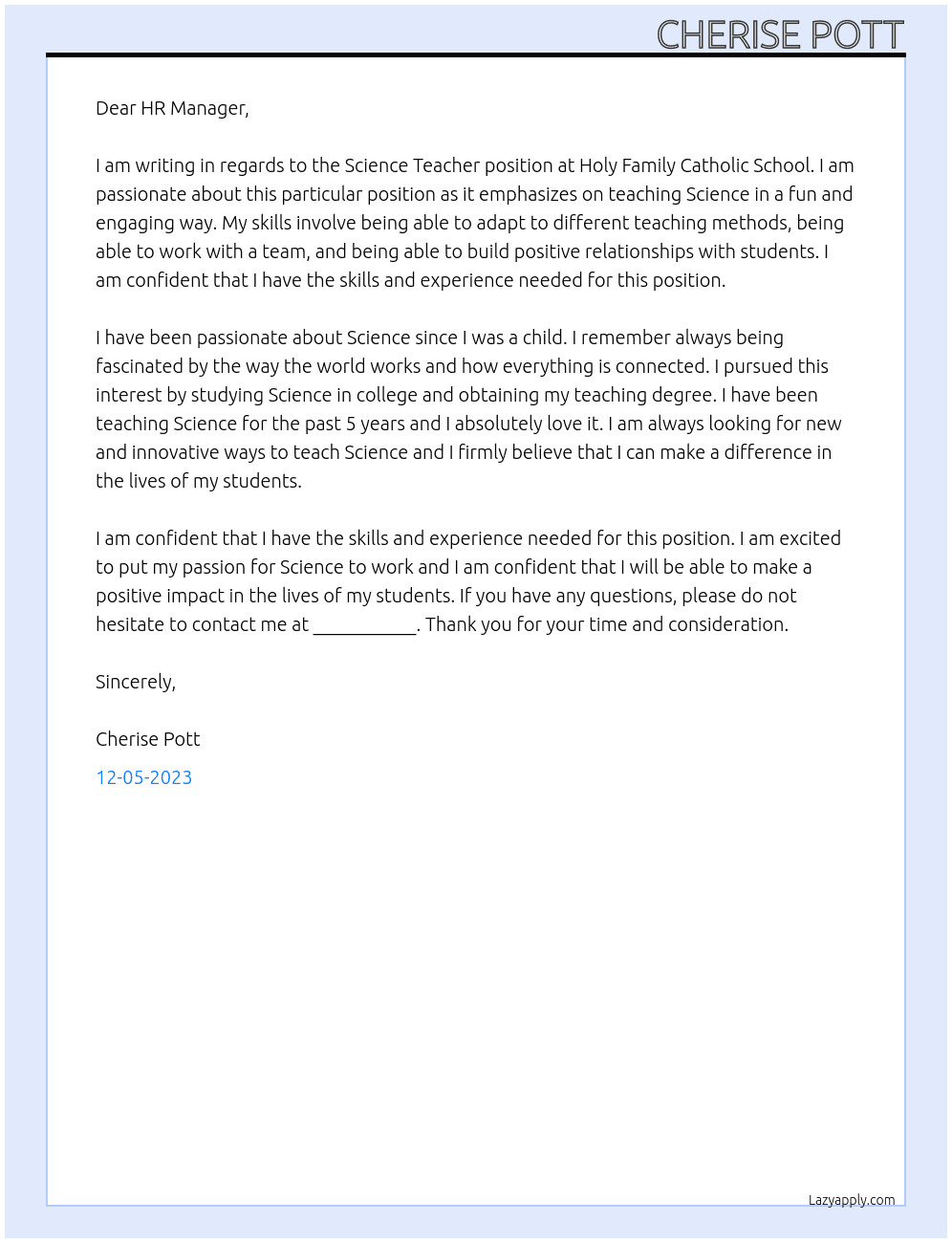 Science Teacher At Holy family catholic school Cover Letter