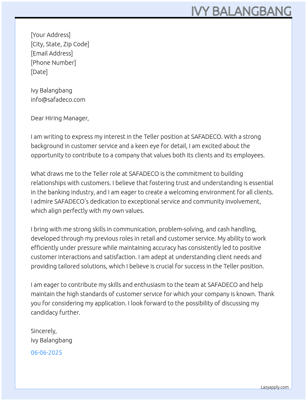 Teller At SAFADECO Cover Letter