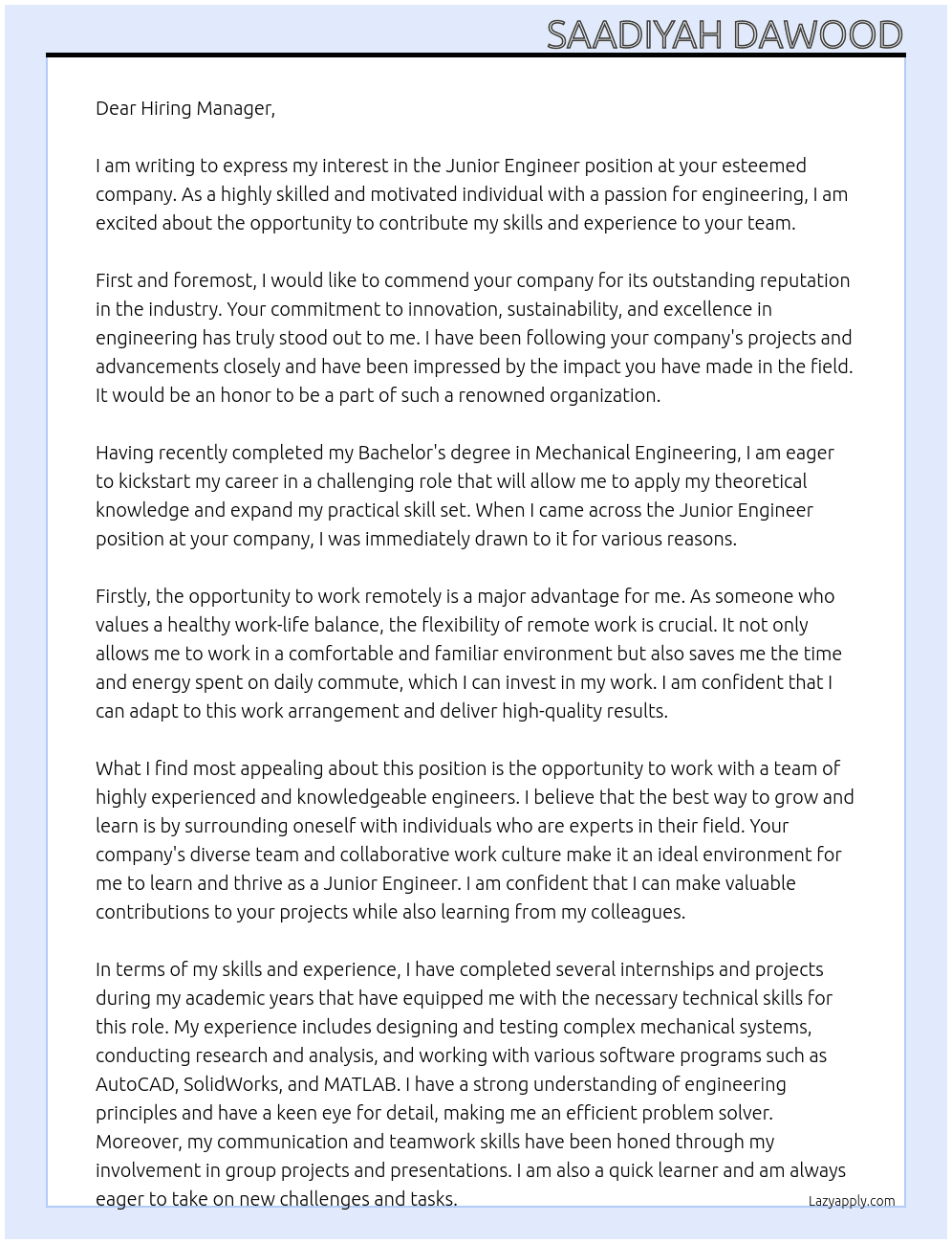 Junior Engineer At company Cover Letter
