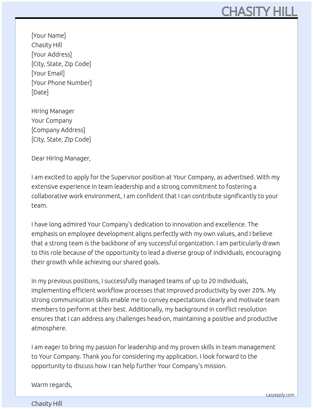 Supervisor At Your company Cover Letter