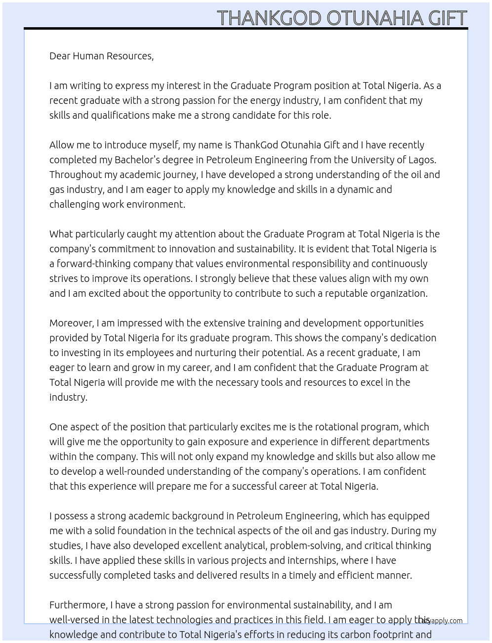 graduate program At Total Nigeria Cover Letter