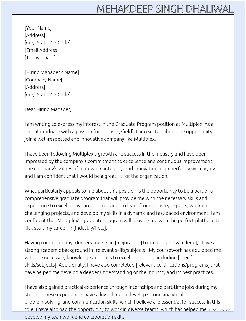 Graduate Program At Multiplex Cover Letter