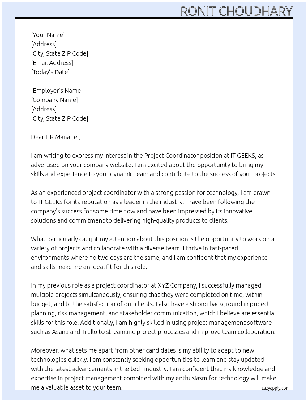 Project coordinator At IT GEEKS Cover Letter