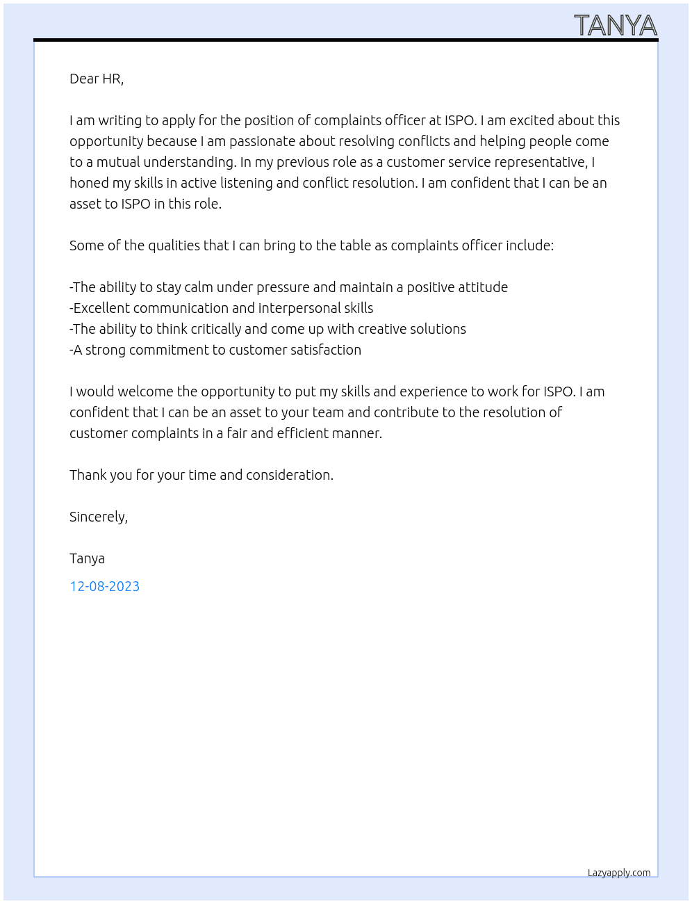 complaints officer At ispo Cover Letter