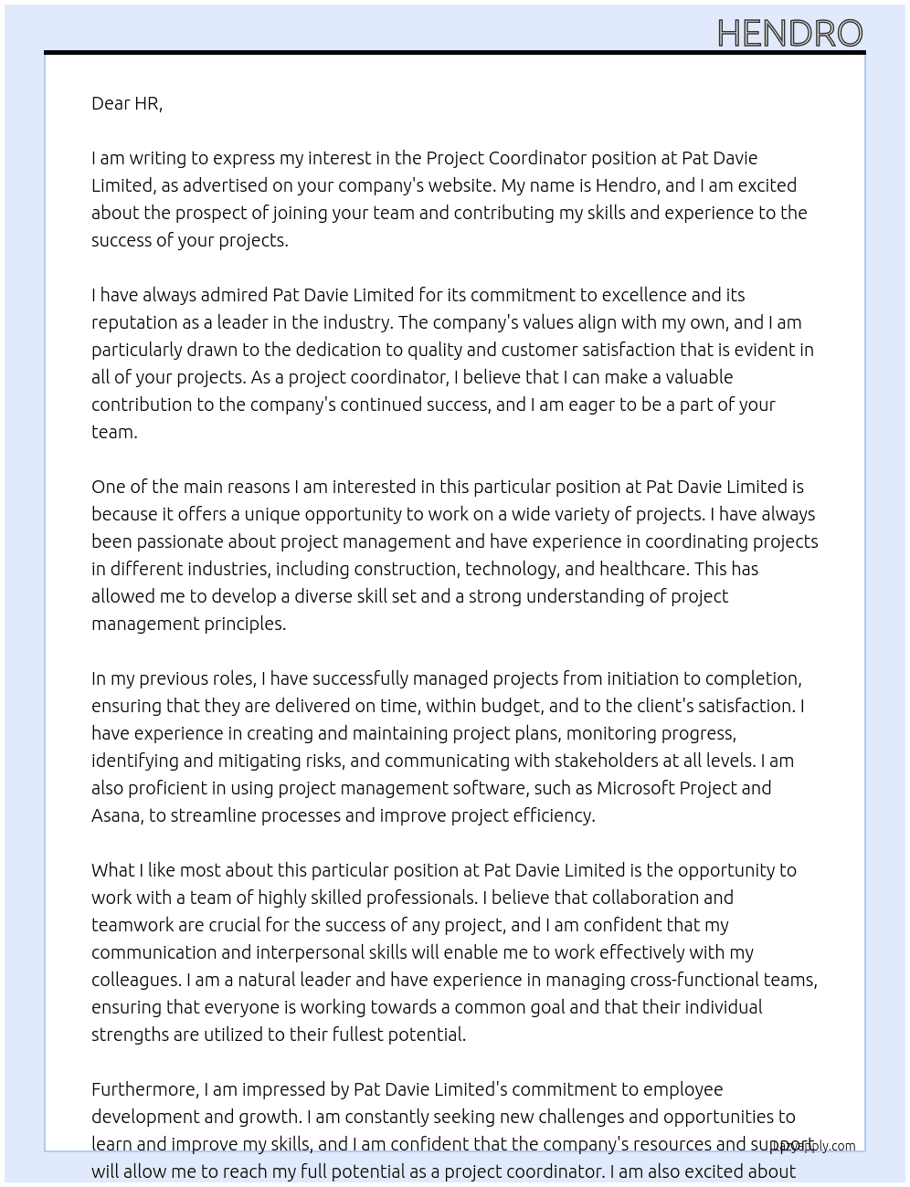 Project Coordinator At Pat Davie Limited Cover Letter
