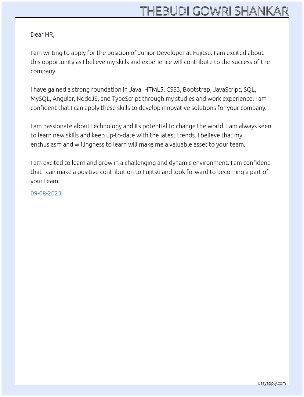 Junior developer At Fujitsu Cover Letter