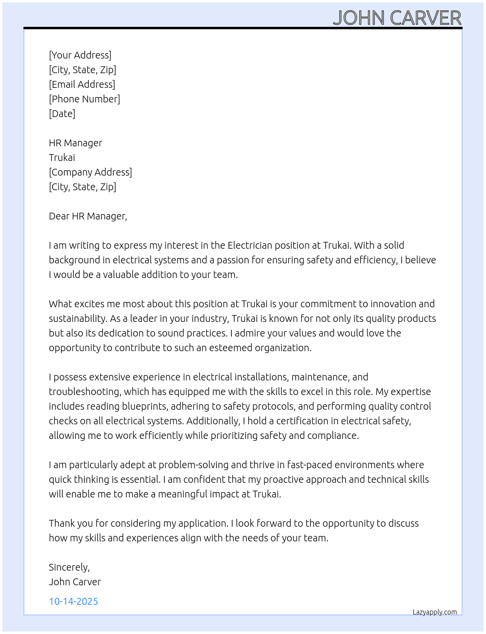 Electrician At Trukai Cover Letter
