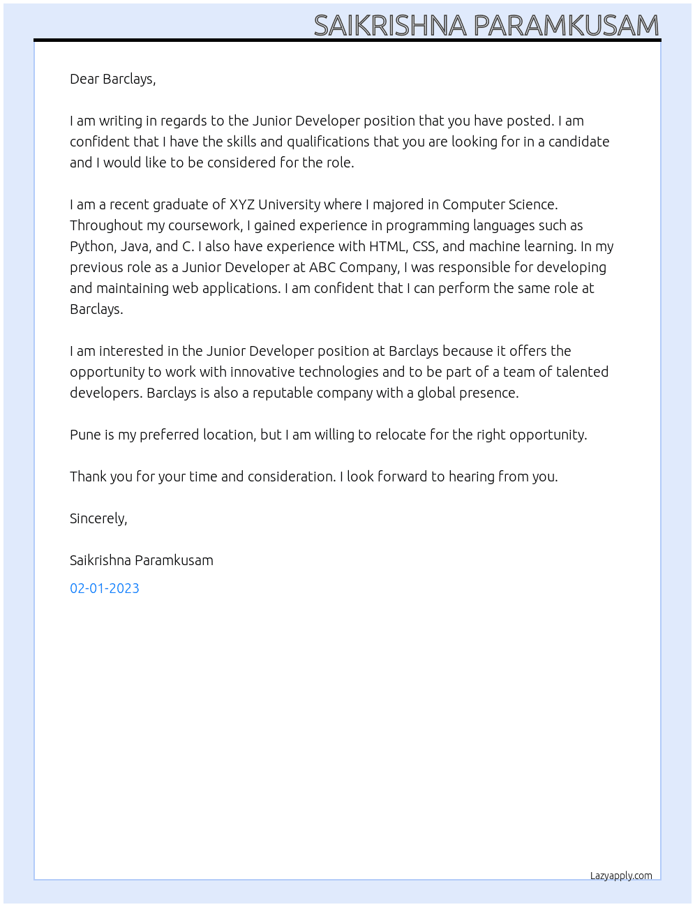 junior developer At Barclays Cover Letter