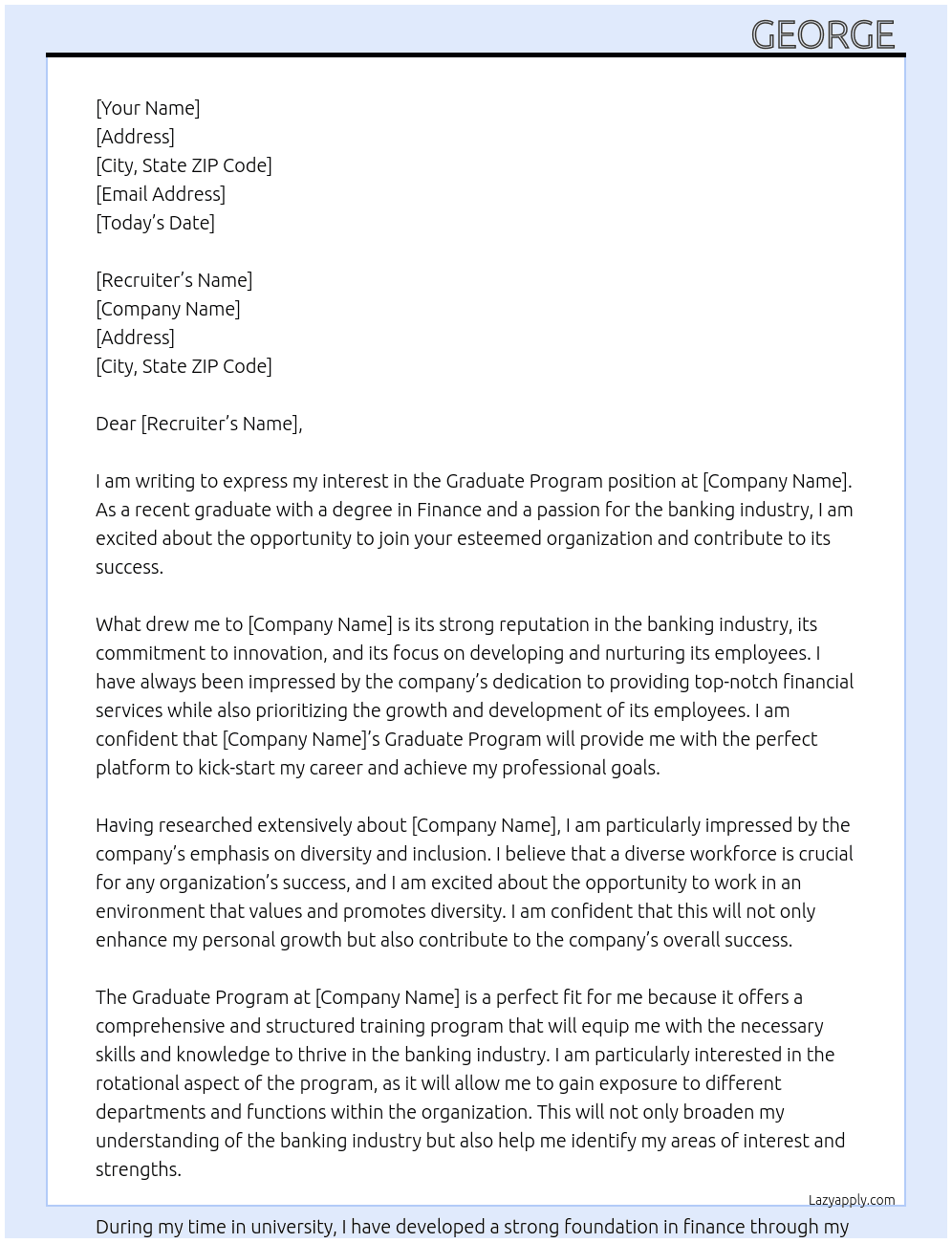 Graduate program At Bank Cover Letter