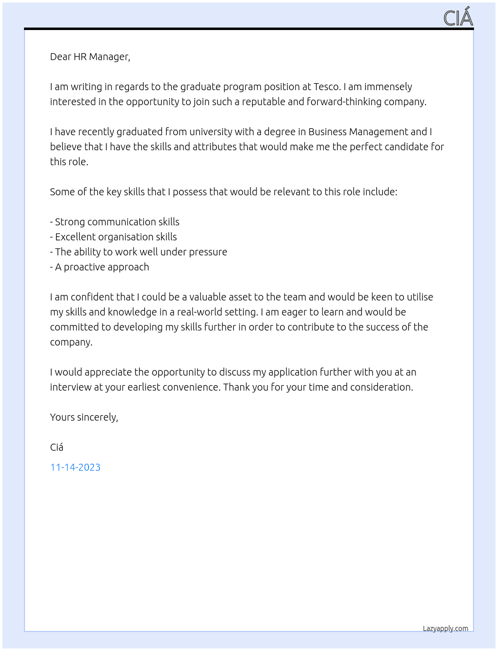GRADUATE PROGRAM At Tesco Cover Letter