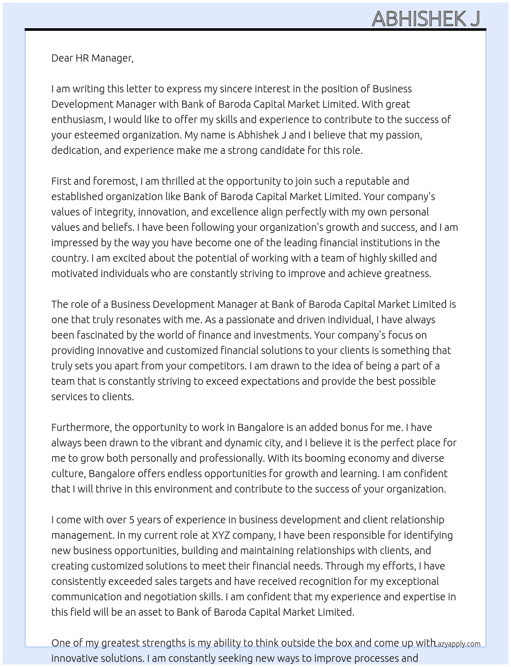 Business Development Manager At Bank of Baroda Capital Market Limited Cover Letter