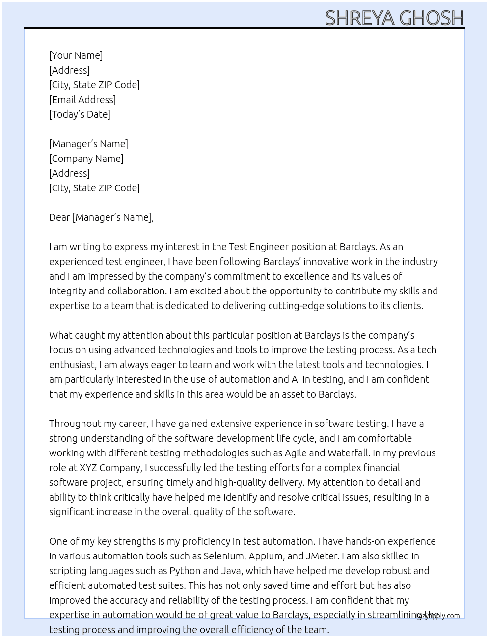 test engineer At Barclays Cover Letter
