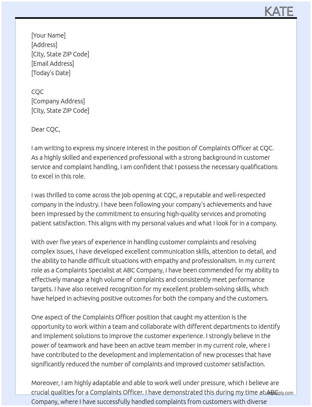 Complaints Officer At CQC Cover Letter