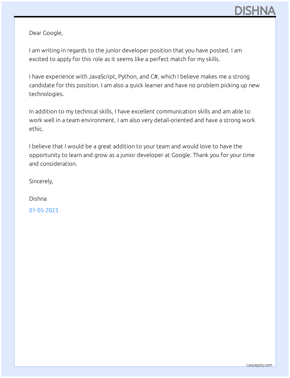 junior developer At Google Cover Letter
