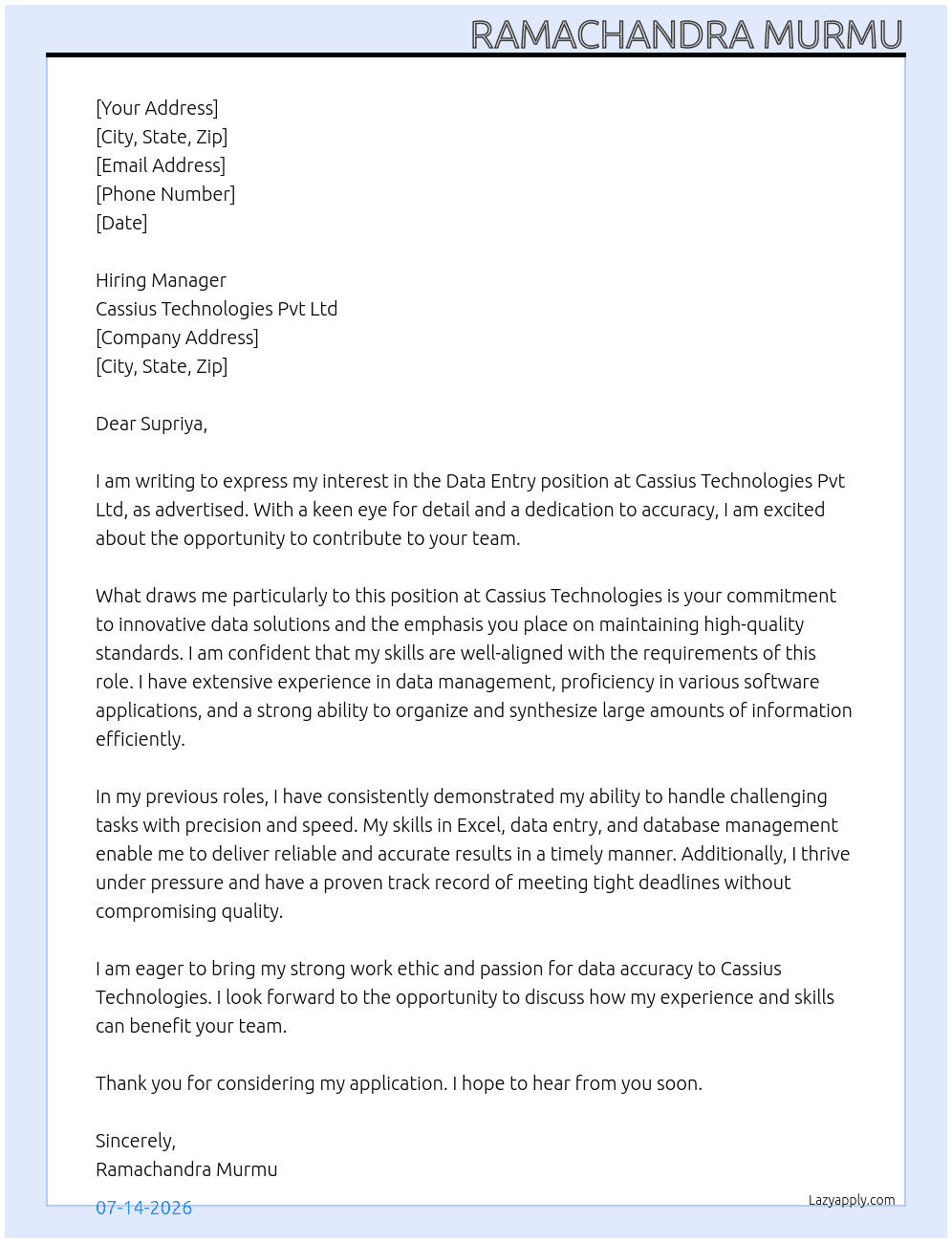 Cover letter for data entry - LazyApply
