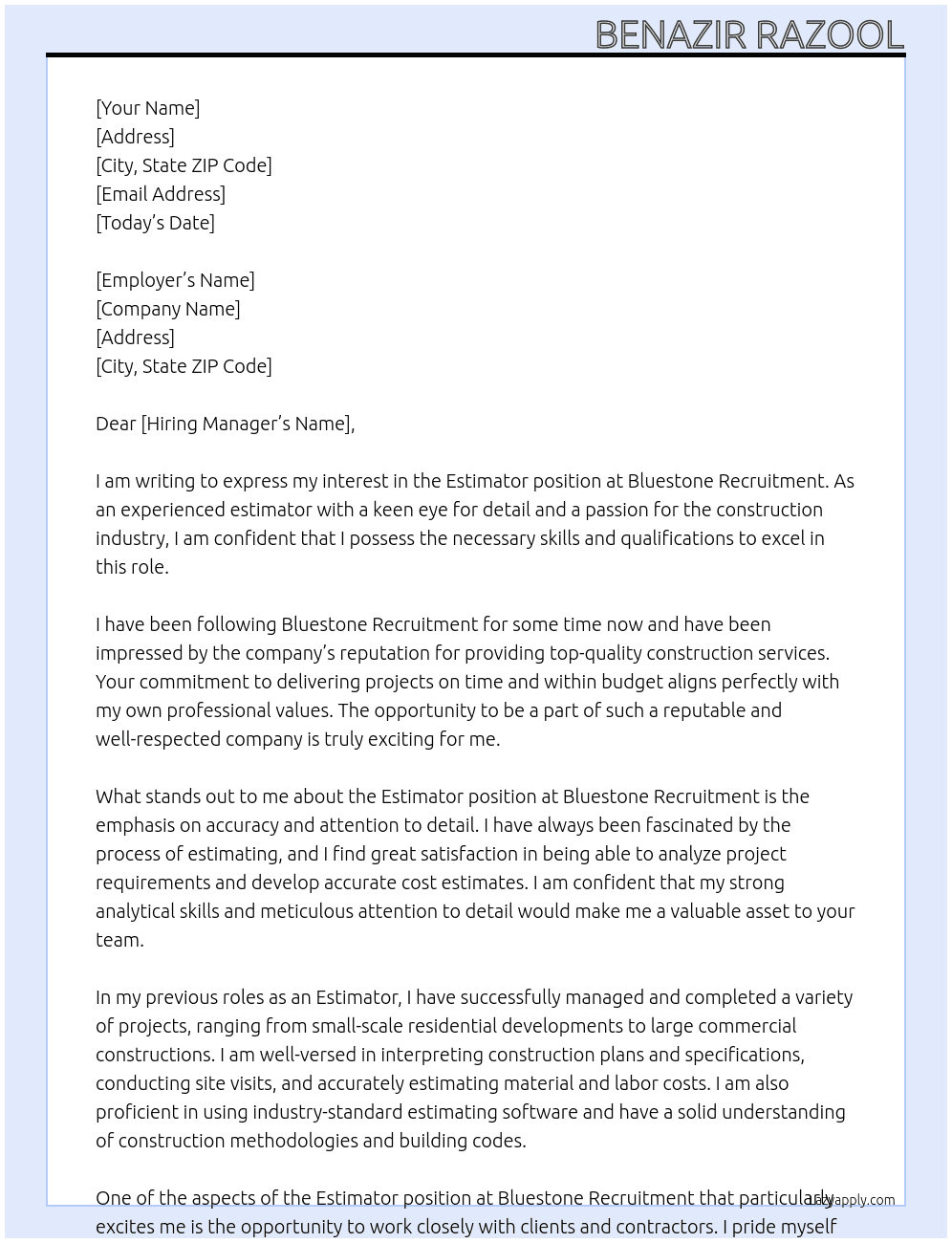 Estimator At Bluestone Recruitment Cover Letter