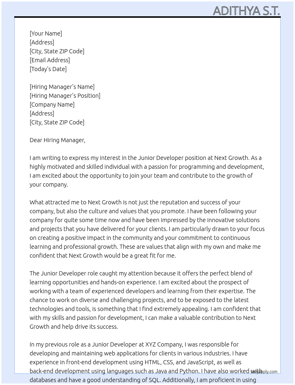 Junior Developer At Next Growth Cover Letter