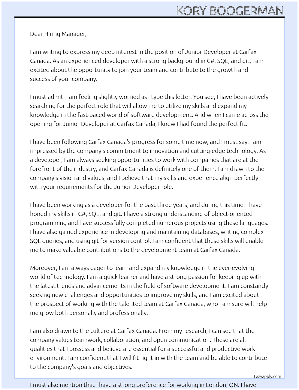 Junior Developer At Carfax Canada Cover Letter