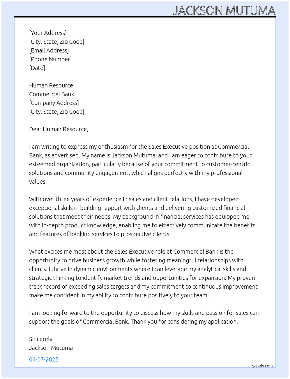 sales executive At commercial bank Cover Letter