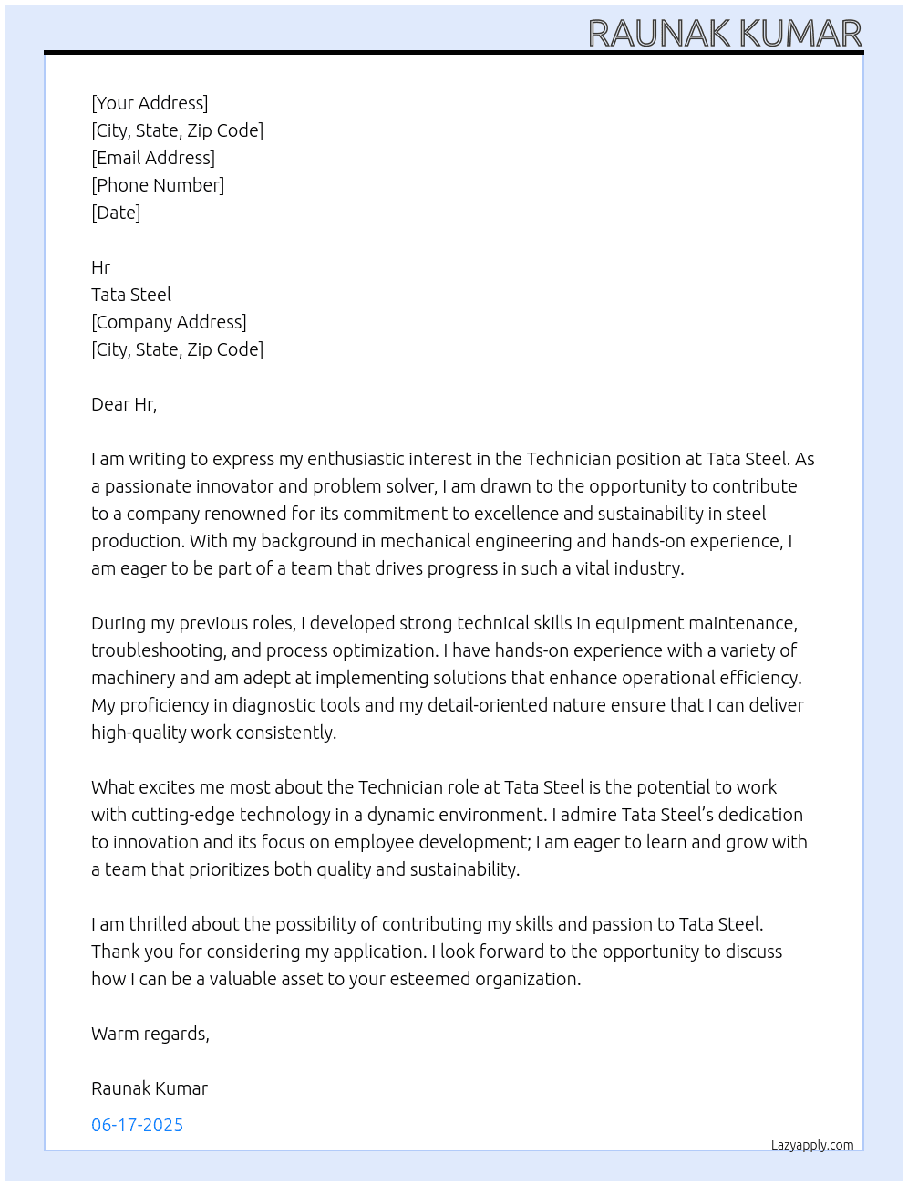 technician At tata steel Cover Letter