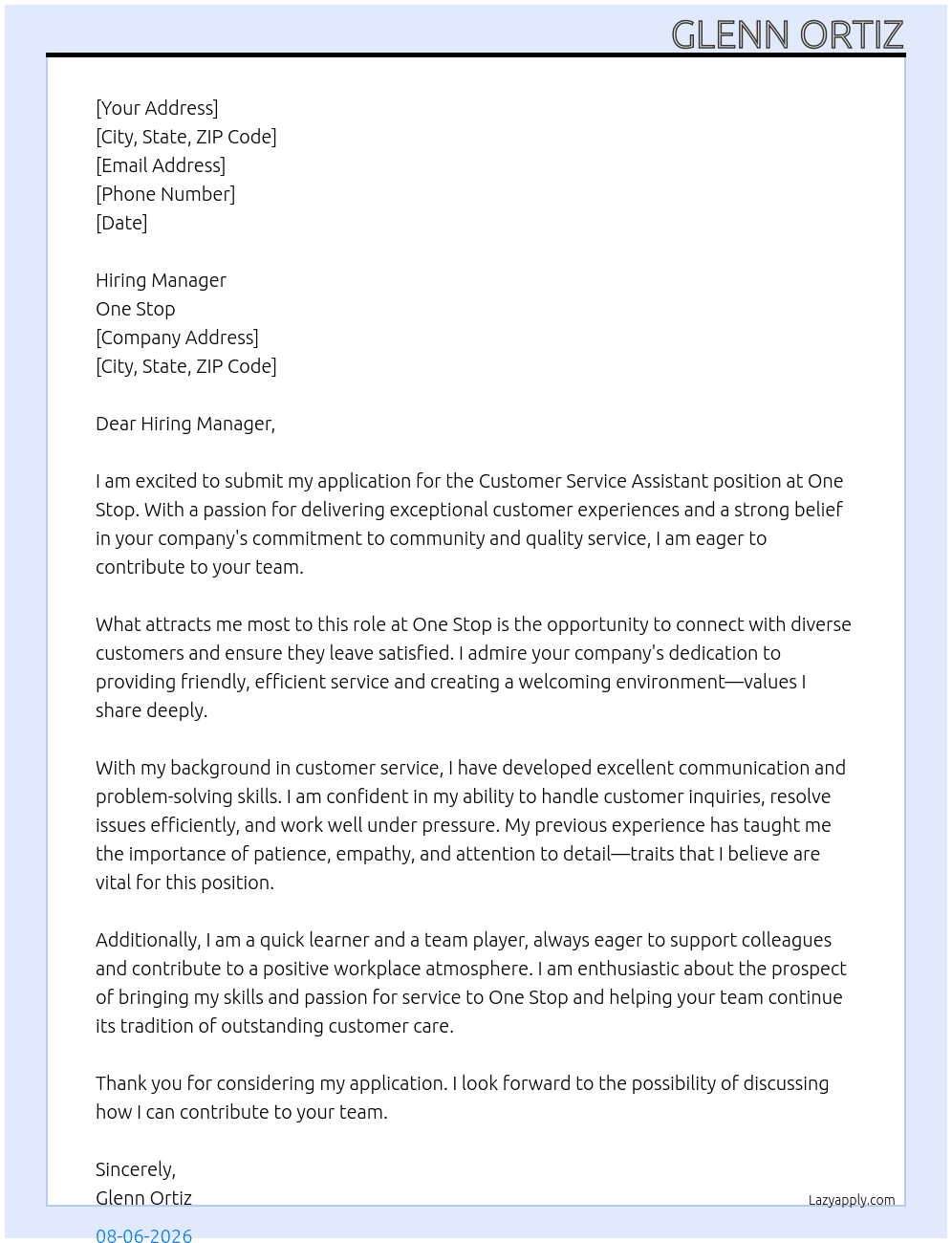 Cover letter for customer service assistant - LazyApply
