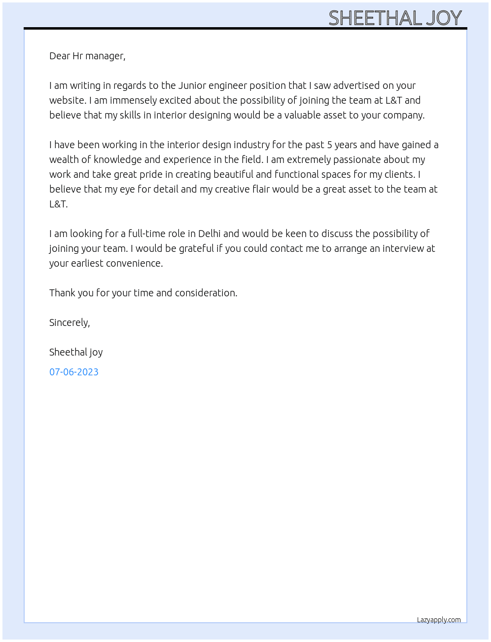 Junior engineer At L&T Cover Letter