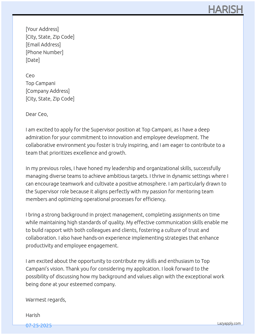 Supervisor At Top campani Cover Letter