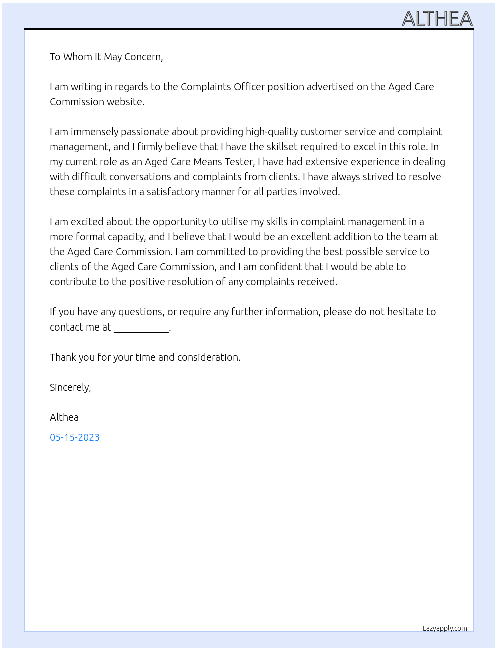 Complaints Officer At Aged Care Commision Cover Letter