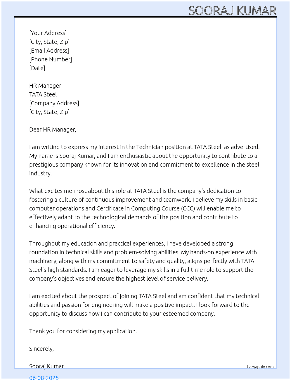 Technician At TATA Steel Cover Letter