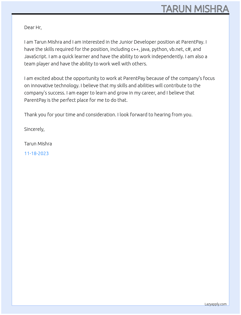 Junior Developer At ParentPay Cover Letter
