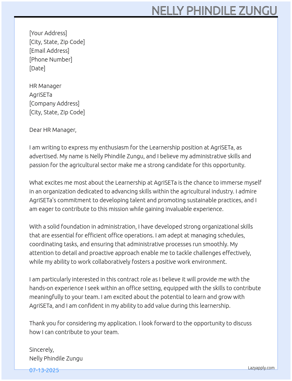 Learnership At AgriSETa Cover Letter