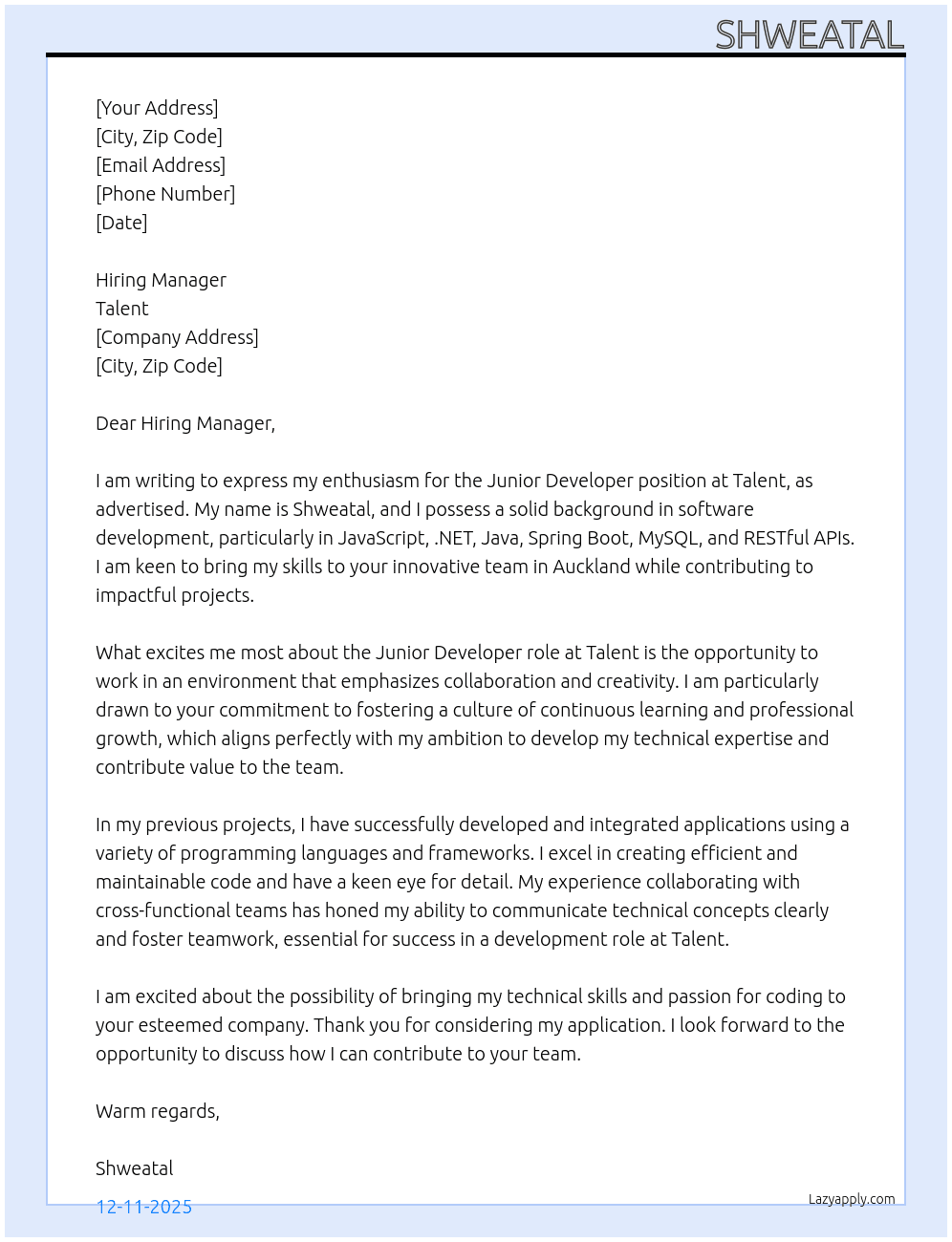 Junior Developer At Talent Cover Letter