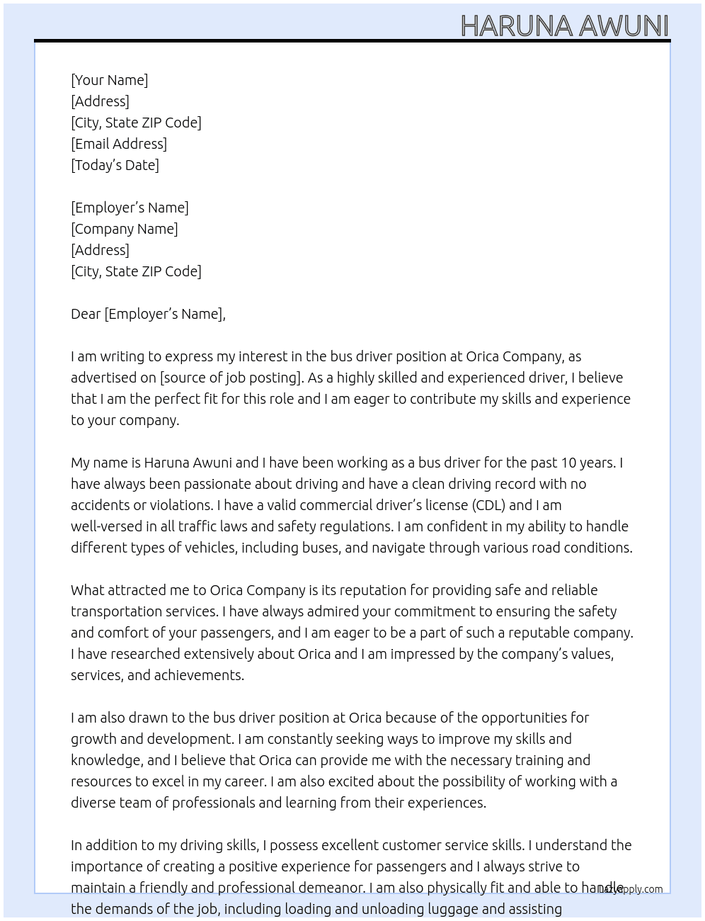bus driver At orica company Cover Letter