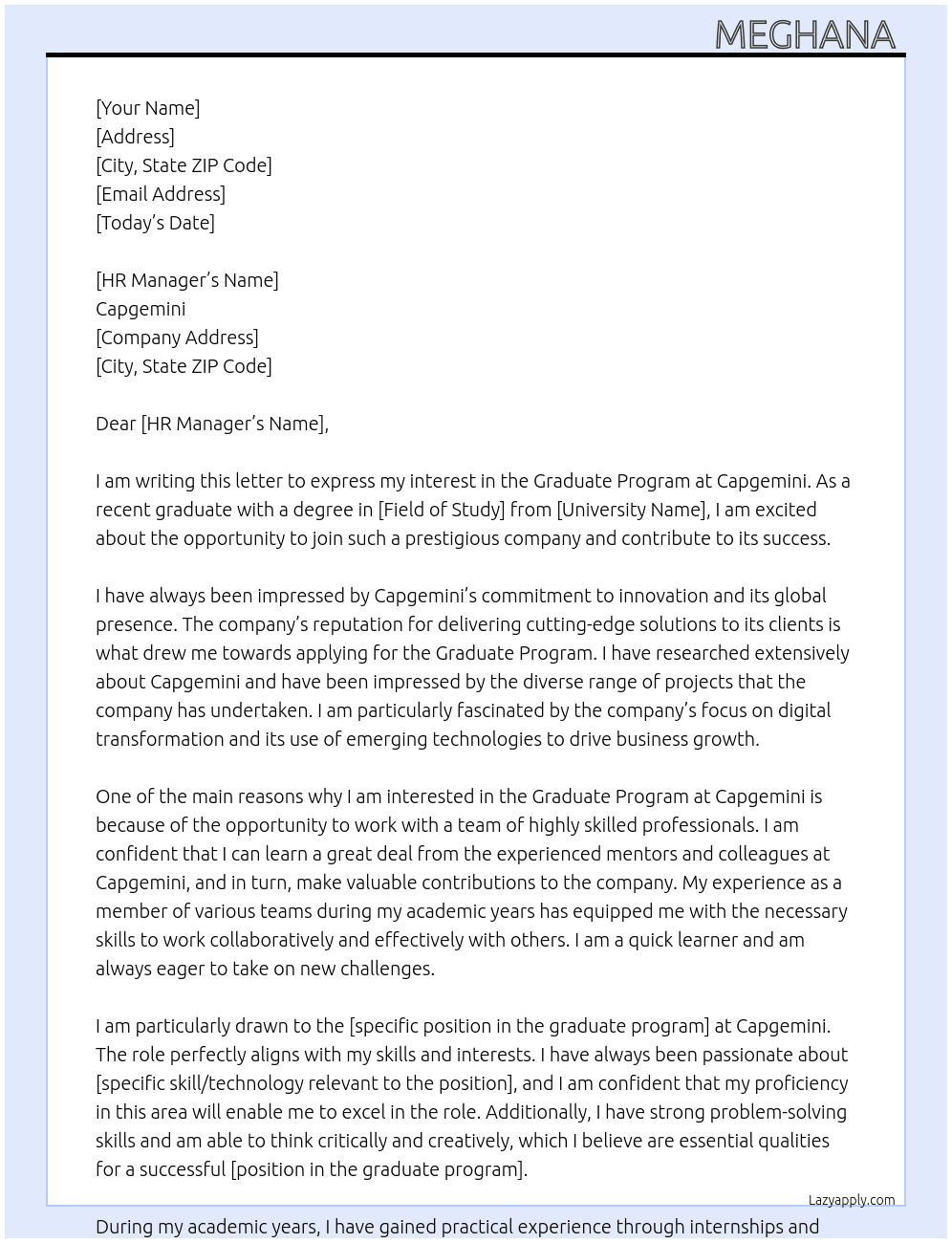 graduate program At Capgemini Cover Letter