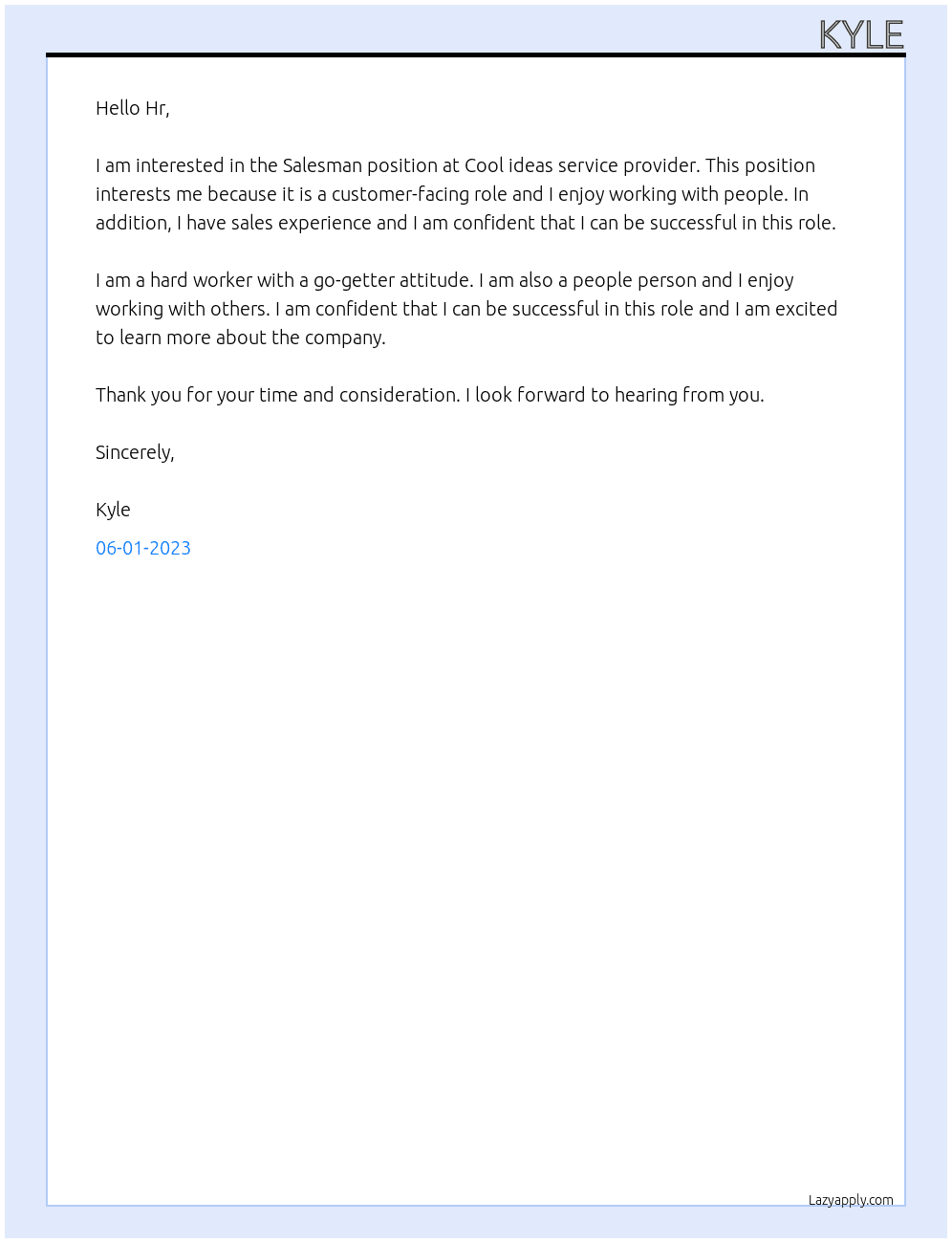 Salesman At Cool ideas service provider Cover Letter