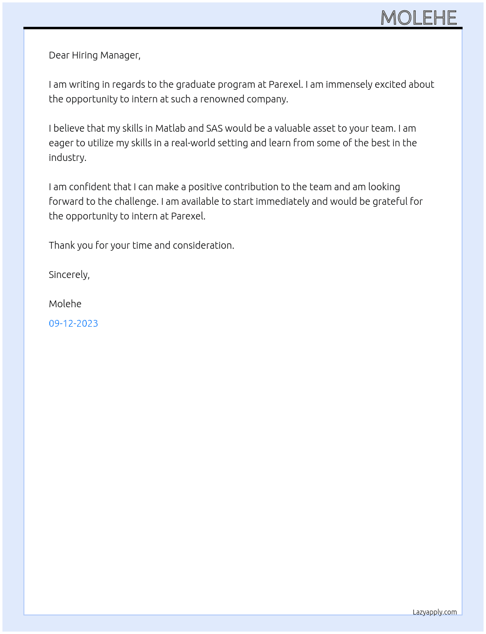 Graduate program At Parexel Cover Letter